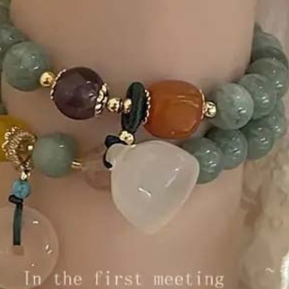 SHADES OF JADE Jewelry - CHINESE GREEN JADE BEADS W/WHITE PEACE CHARM AND YELLOW & PINK JADE BRACELET B